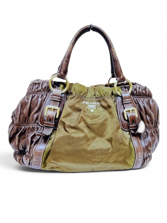 Prada Handbags - Prada Brown/Olive Green Gaufre Leather and Nylon Tote